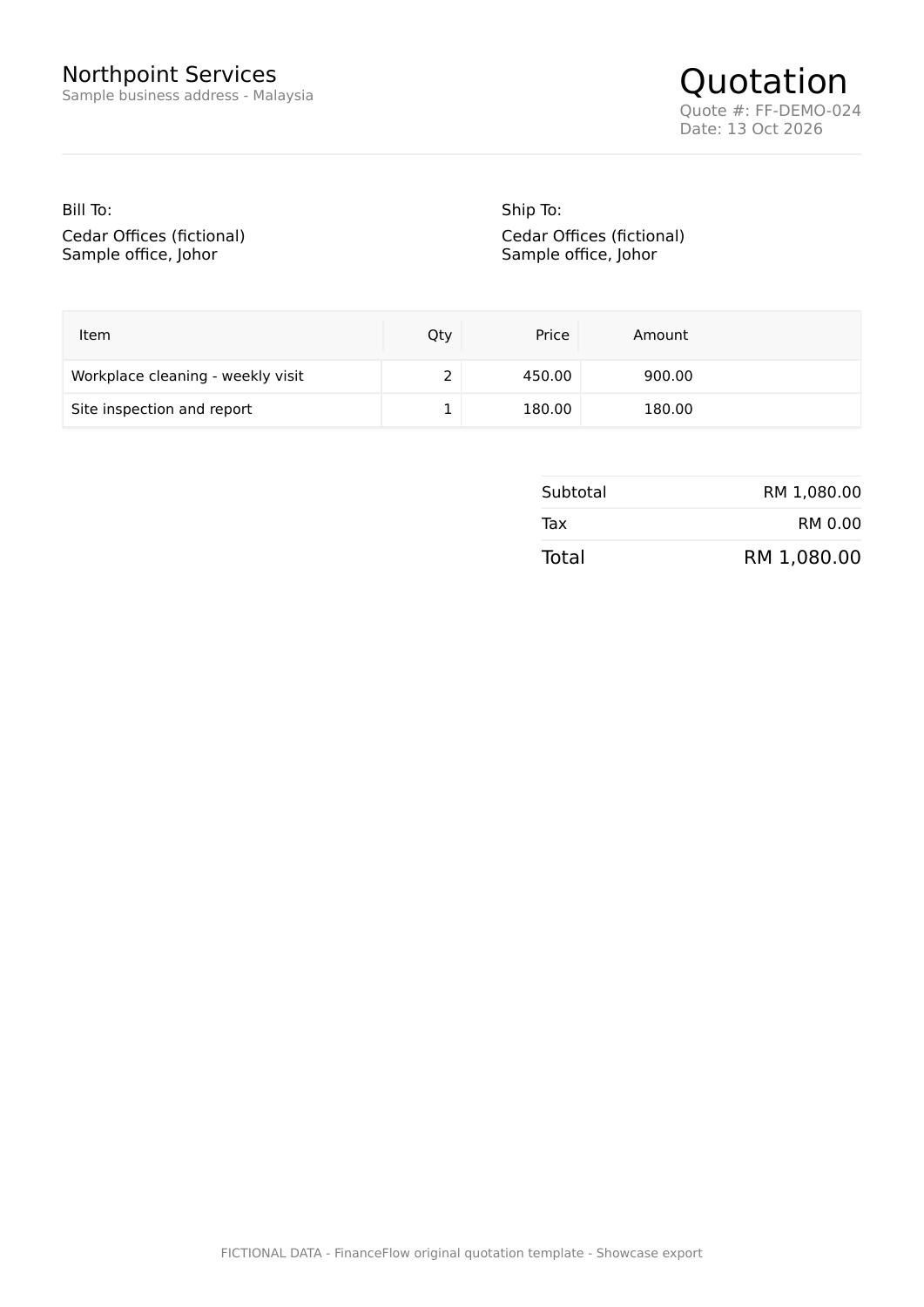 FinanceFlow quotation export for fictional Cedar Offices: two cleaning sites at RM450 and one inspection at RM180, total RM1080.